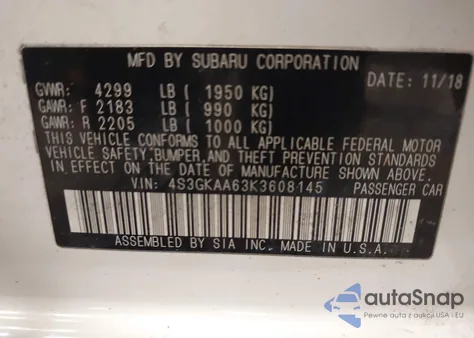 2019 Subaru Impreza 2.0I z USA, uszkodzony, nr VIN 4S3GKAA63K3608145